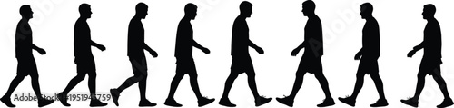 Silhouettes of walking person in seven phases, human gait cycle, biomechanics study, motion analysis vector illustration artwork