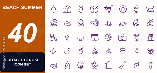 Beach Summer Icon Set, Vector Illustration, Ocean Vacation, Swimming, Flip Flops, Umbrella, Sunglasses, Cocktail, Lifebuoy, Picnic, Towel, Relaxation, Resort, Tropical Holiday, Seaside Travel Icons