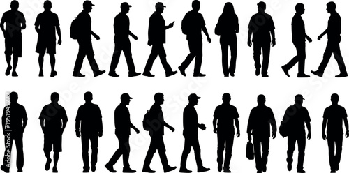 Silhouette vector illustration of diverse people walking in urban environment, showing posture, clothing styles, accessories, pedestrian behavior design