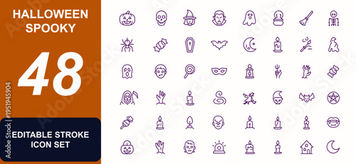 Halloween Spooky Icon Set, Vector Illustration with Adjustable Line Weight, Pumpkins, Skulls, Witches, Vampires, Ghosts, Cauldrons, Coffins, Brooms, Festive Symbols, Scary Night Design
