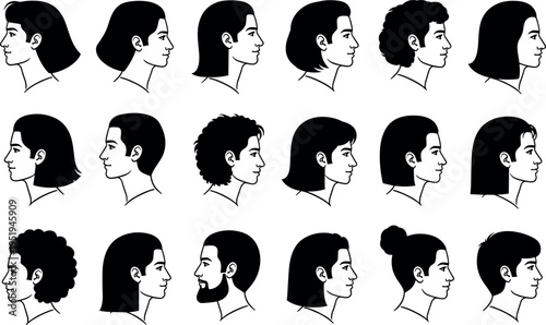 Silhouette icons of diverse hairstyles, side profile views, curly, straight, bun, afro, beard styles, fashion grooming, personal care vector illustration design