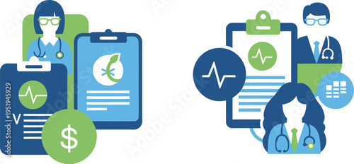 Medical administration professionals reviewing patient charts and financial data represented by clipboards and currency.