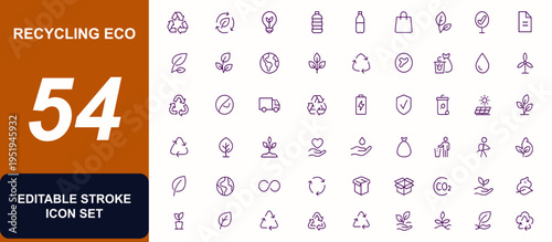 Recycling Eco Icon Set Vector, Sustainability Symbols, Reuse and Waste Management, Plastic, Paper, Bin, Trash, Green, Biodegradable, Compost, Conservation, Energy, Environment, Zero Pollution