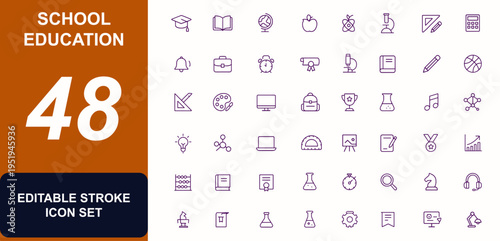 School Education Vector Icon Set, Learning Tools and Academic Symbols with Adjustable Line Weight, Science, Math, Art, Sports, Chemistry, Biology, Astronomy, Books, Awards, Microscope, graduation