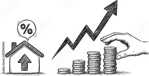 Hand stacks increasing coins beneath an upward trending arrow symbolizing rising interest rates for housing assets.