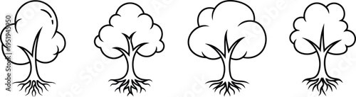 Four simplified black and white line drawings illustrate various sturdy deciduous trees standing firmly with prominent.