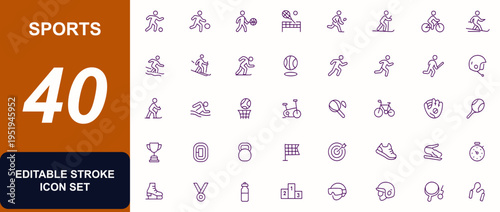 Sports Vector Icon Set, Dynamic Fitness Illustration, Adjustable Line Weight, Basketball, Soccer, Tennis, Volleyball, Baseball, Cycling, Yoga, Surfing, Skiing, Hockey, Skateboarding, Recreation
