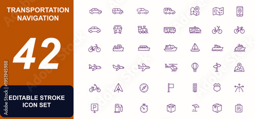 Transportation Navigation Vector Icon Set, Modern Icons for Cars, Trains, Planes, Ships, Bicycles, Maps, Travel, Delivery, Logistics, Urban Design Projects, Adventure Journey Commute Illustration
