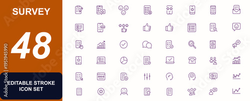 Survey Vector Icon Set, Questionnaire, Feedback, Mobile Review, Mood Tracker, Star Rating, Evaluation, Online Poll, Web Survey, Phone Survey, Mail Form, Analytics, Data Results, Business Research