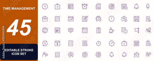 Time Management Vector Icons, Clock, Calendar, Stopwatch, Alarm, Schedule, Planning, Productivity, Reminder, Deadline, Checklist, Business, Organization, Workflow, Efficiency, Task, Appointment