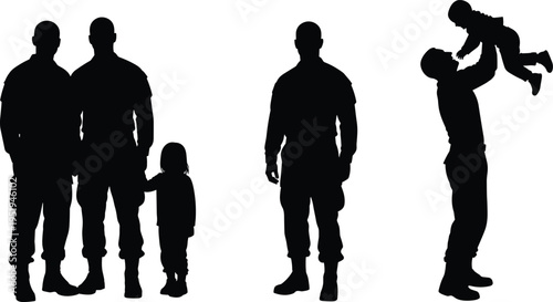 Military family silhouettes, soldiers with children, parental relationships, service and family life, black vector illustration