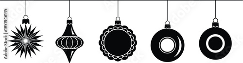 Christmas ornaments silhouettes, festive decorations, holiday baubles, star, striped, scalloped, round designs, seasonal decor, black vector illustration