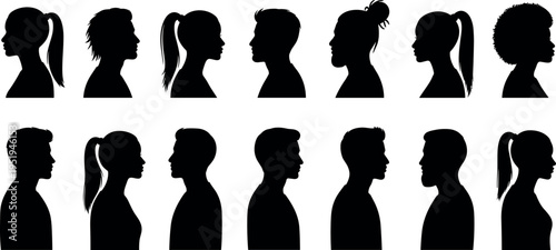 Silhouette icons of diverse human head profiles, hairstyles, ponytails, buns, short hair, afro styles, male and female vector illustration design
