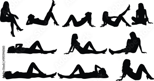 Silhouettes of women seated and reclining in high heels, stylish poses, artistic body language, fashion gesture vector illustration design