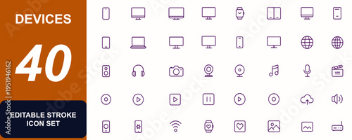 Devices icon set, modern gadget vector illustration, adjustable line stroke, mobile, laptop, tablet, smartwatch, desktop, monitor, screen, foldable, media, cyberspace, technology, digital, electronics