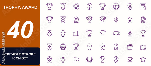 Trophy, award, medal icon set, vector illustration of prize, ribbon, success, badge, champion, laurel, victory, achievement, ceremony, certificate, goblet, reward, winner, honor, star, emblem