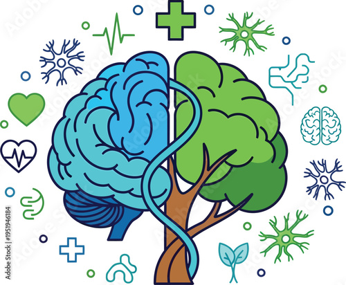 Conceptual graphic depicts the duality of the human brain merging with a flourishing tree symbolizing mental health.