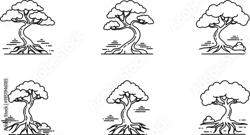 Six stylized black and white vector drawings show different artistic interpretations of rooted, mature trees standing.