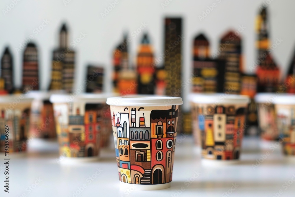 Disposable paper cups featuring a vibrant cityscape design, ideal for takeaway beverages in urban settings