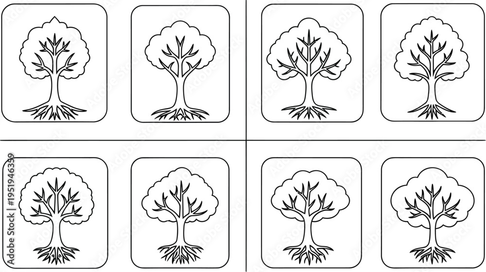 Fototapeta premium Eight black and white line art icons showcasing different styles of mature trees with prominent visible roots inside.
