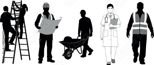 Silhouettes of workers in diverse professions, including construction, maintenance, medical, and safety roles, representing workforce diversity
