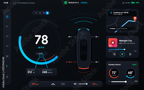 Modern smart car dashboard UI illustration with digital speedometer, navigation map, music player and climate control interface. Futuristic automotive display design ideal for electric vehicles.