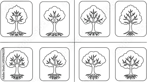 Eight black and white line art icons showcasing different styles of mature trees with prominent visible roots inside.