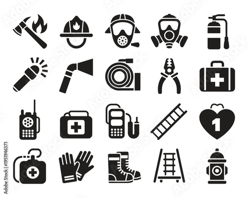 Fire department glyph icons illustration, vector set of firefighter tools, safety equipment, and emergency response rescue gear symbols.