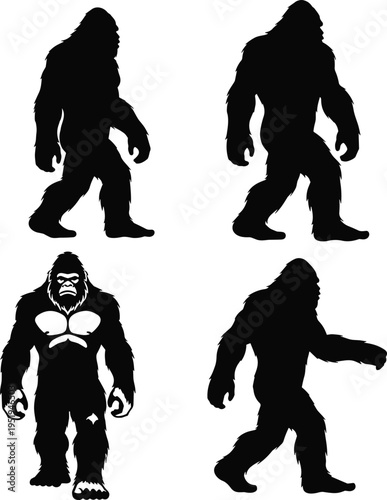 Gorilla silhouettes with detailed muscular figure, primate poses, vector illustration for design, artwork, wildlife themes