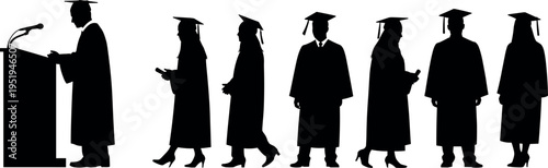 Graduation ceremony silhouette vector illustration with students in gowns, academic caps, diplomas, podium speech artwork, educational achievement composition, celebration design
