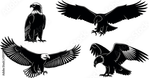 Silhouette icons of eagles, powerful bird poses, wings spread, talons extended, majestic flight, hunting motion vector illustration design