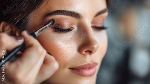 A close-up of a woman getting her makeup done. The focus is on the artist applying eyeshadow with careful attention. This image captures beauty, artistry, and transformation. AI