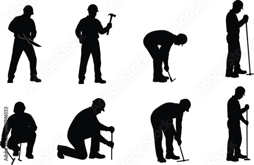 Silhouettes of workers using tools, manual labor poses, construction and carpentry tasks, occupational activity concept, black vector illustration, design elements