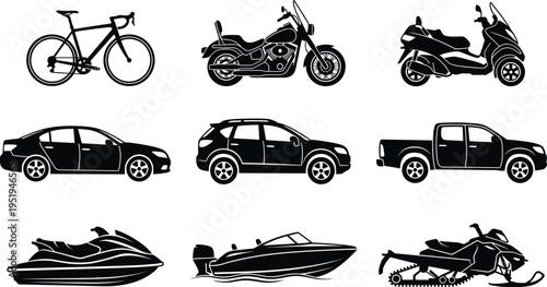  Silhouette vector illustration of diverse vehicles including bicycle, motorcycle, scooter, sedan, SUV, pickup truck, jet ski, motorboat, snowmobile