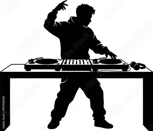 Silhouette vector illustration of DJ performing, music mixing, live entertainment, dynamic movement, turntables, headphones, nightclub energy, creative sound art
