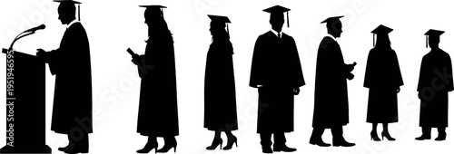 Graduation ceremony silhouette vector illustration with students in gowns, academic caps, diplomas, podium speech artwork, educational celebration composition