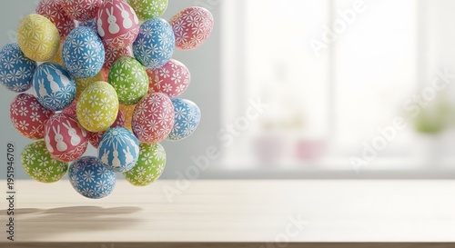 Vibrant colorful Easter eggs with white floral and bunny patterns floating above a light wooden table, bright sunny blurred background with copy space