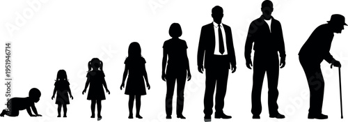 Silhouettes showing human life stages from baby to elderly, representing growth, aging, development, and passage of time