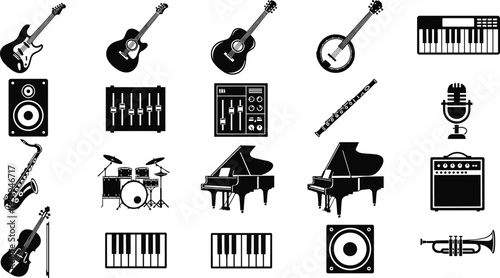 Musical instrument and audio equipment icons, guitar, piano, drums, microphone, speaker, vector illustration for design, artwork, music themes