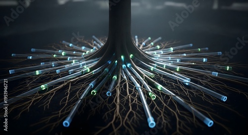 Abstract concept of a tree with roots transforming into glowing blue and green fiber optic cables on a dark background, symbolizing the connection between nature and digital technology