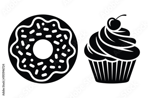 Vector illustration of donut and cupcake silhouettes