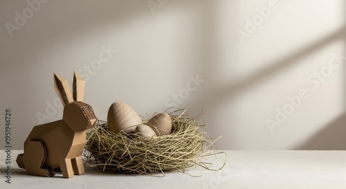 Eco-friendly cardboard origami Easter bunny with wooden eggs in a natural dry grass nest, minimalist beige background with window shadow and copy space