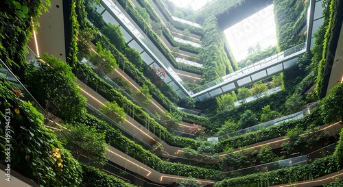 Modern sustainable architecture featuring a multi-level indoor atrium with lush green plant walls, glass walkways, and a bright skylight