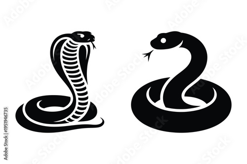 Vector illustration of cobra and coiled snake silhouettes