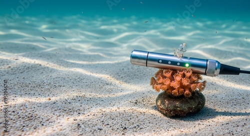 Close-up of a scientific sensor placed on a seashell in water inside a glass container, representing environmental monitoring, water quality testing, and marine conservation