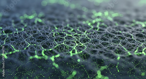 Abstract macro view of a glowing green interconnected network, symbolizing biological connectivity, natural mycelium webs, and sustainable eco-technology with a blurred background