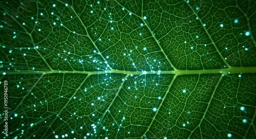 Macro shot of a fresh green leaf with detailed vein structure and sunlight glowing through the foliage, beautiful natural pattern