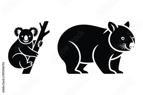 Koala and wombat silhouette vector icons