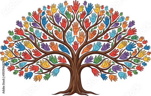 Colorful handprint tree illustration symbolizing unity, diversity, community growth, educational vector artwork for creative background and inclusive design