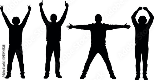 Silhouettes of people forming YMCA dance letters, arms raised in playful poses, iconic music reference vector illustration design